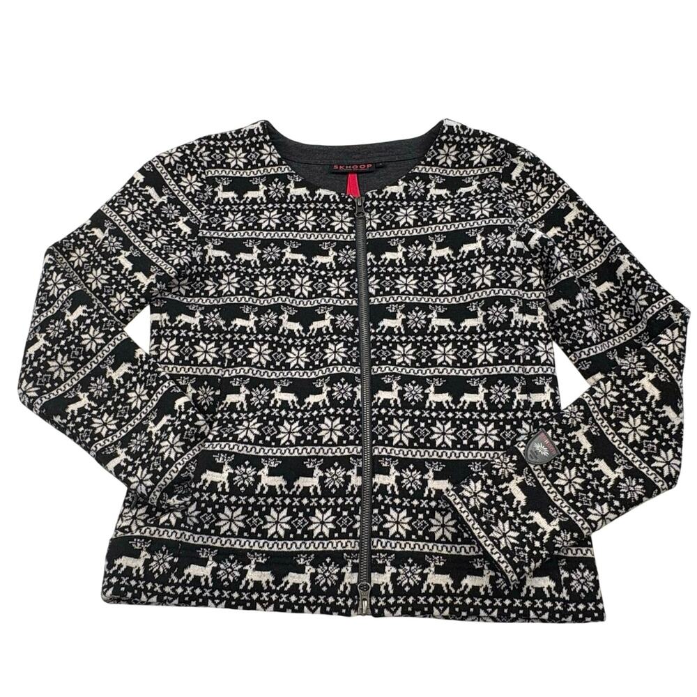 Skhoop Fair Isle Knit Zip Up Sweater Jacket Women's S Black White Sweden Winter